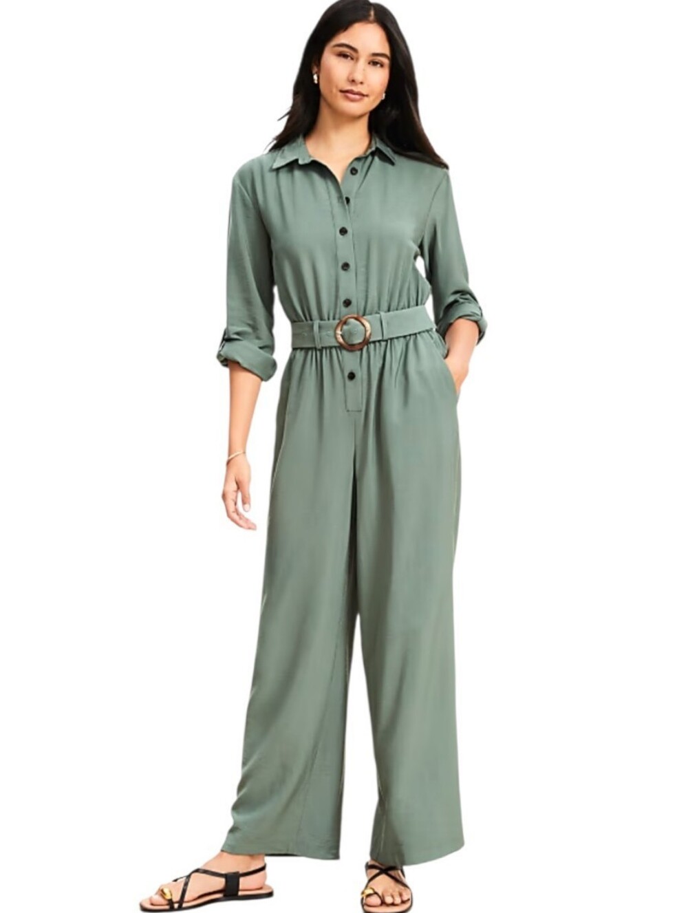 LOFT Petite Button Tab Belted Jumpsuit